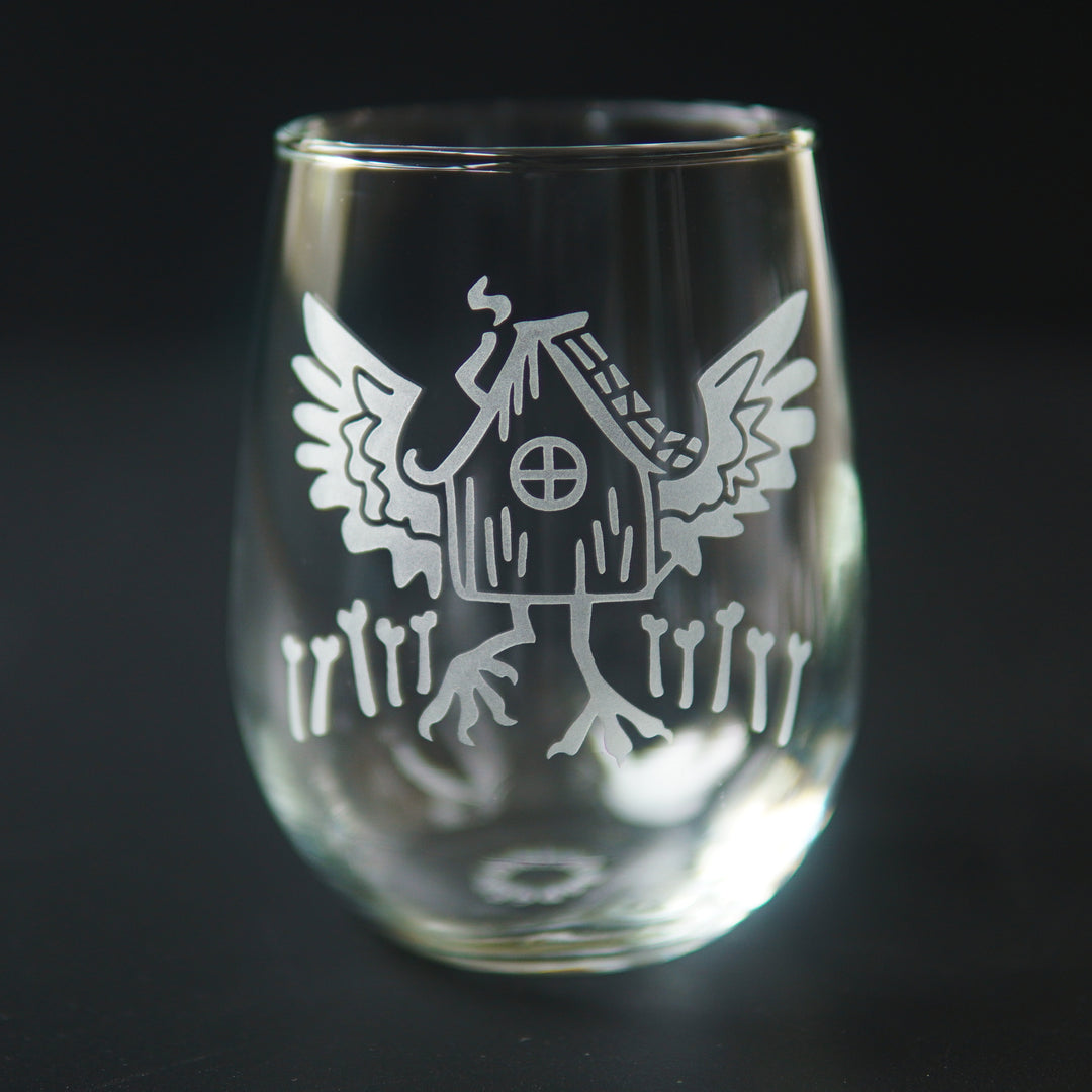 Baba Yaga Stemless Wine Glass - etched chicken hut glassware