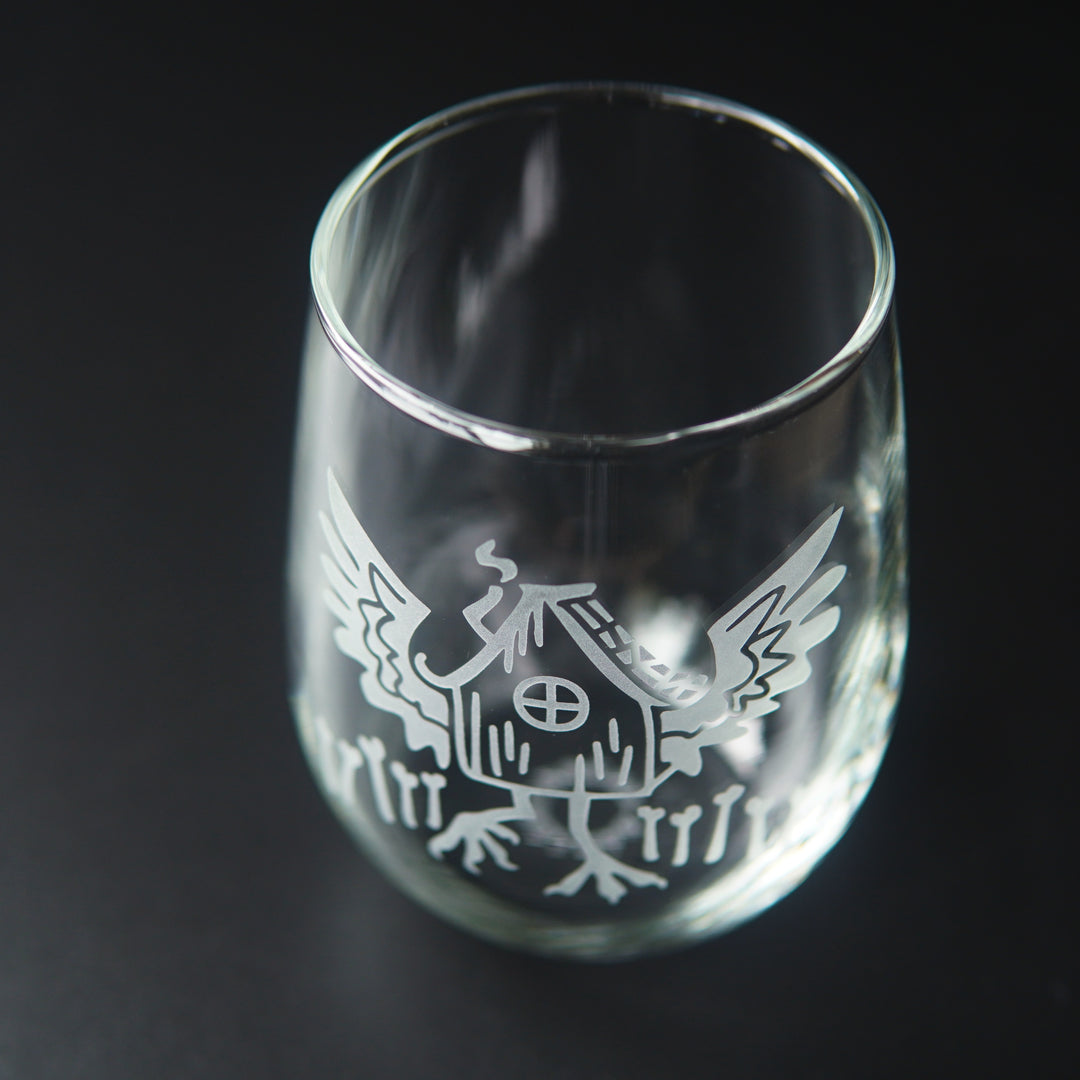 Baba Yaga Stemless Wine Glass - etched chicken hut glassware