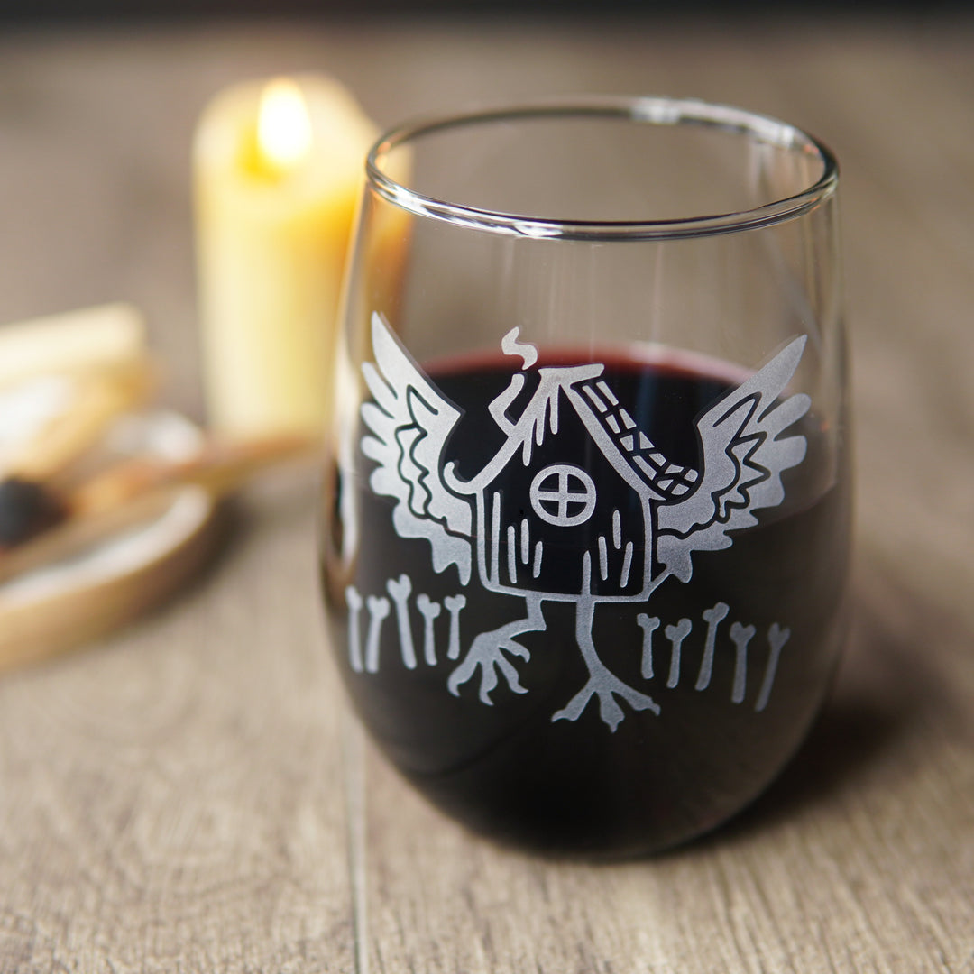 Baba Yaga Stemless Wine Glass - etched chicken hut glassware