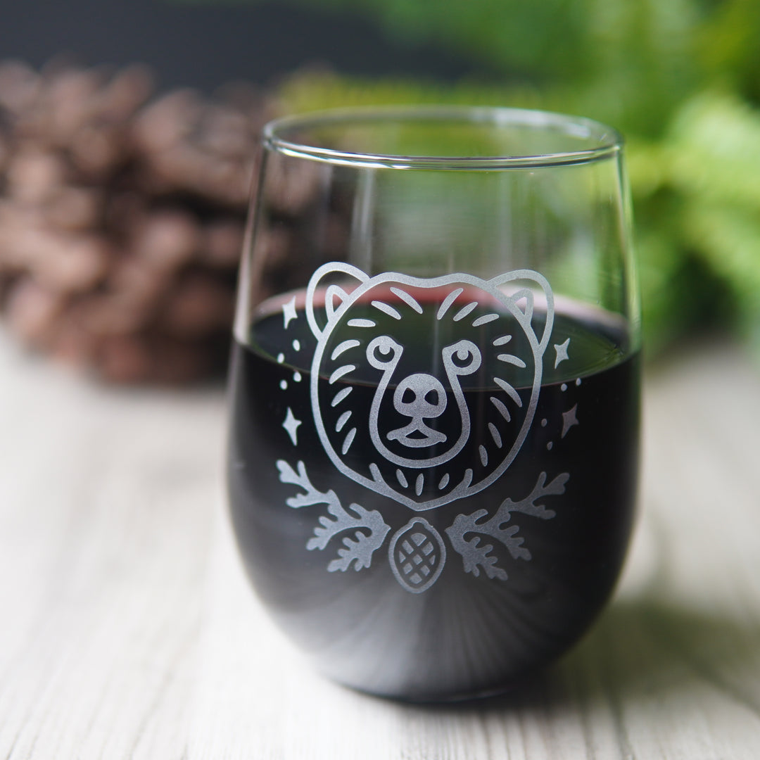 Bear Stemless Wine Glass - etched glassware