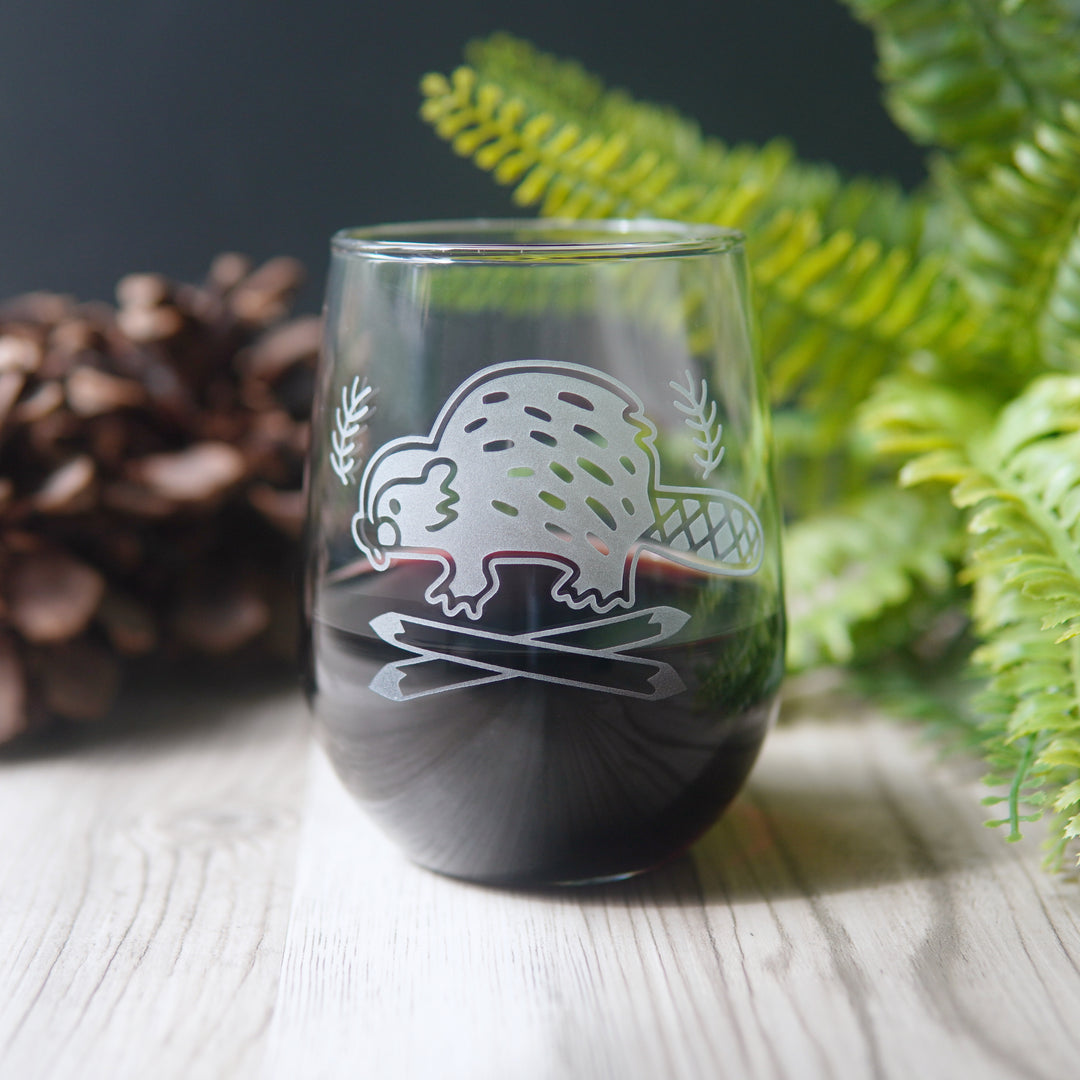 Beaver Stemless Wine Glass - etched glassware