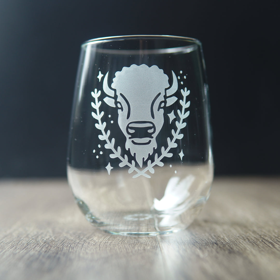 Buffalo Stemless Wine Glass - etched glassware