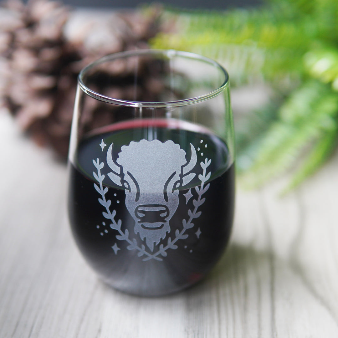 Buffalo Stemless Wine Glass - etched glassware