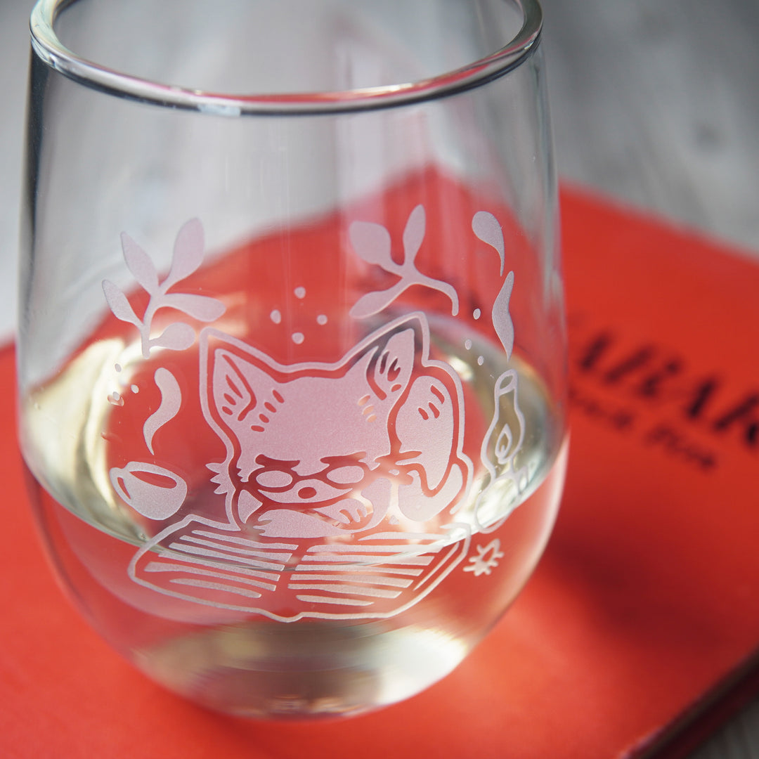 Book Cat Stemless Wine Glass - cozy etched glassware