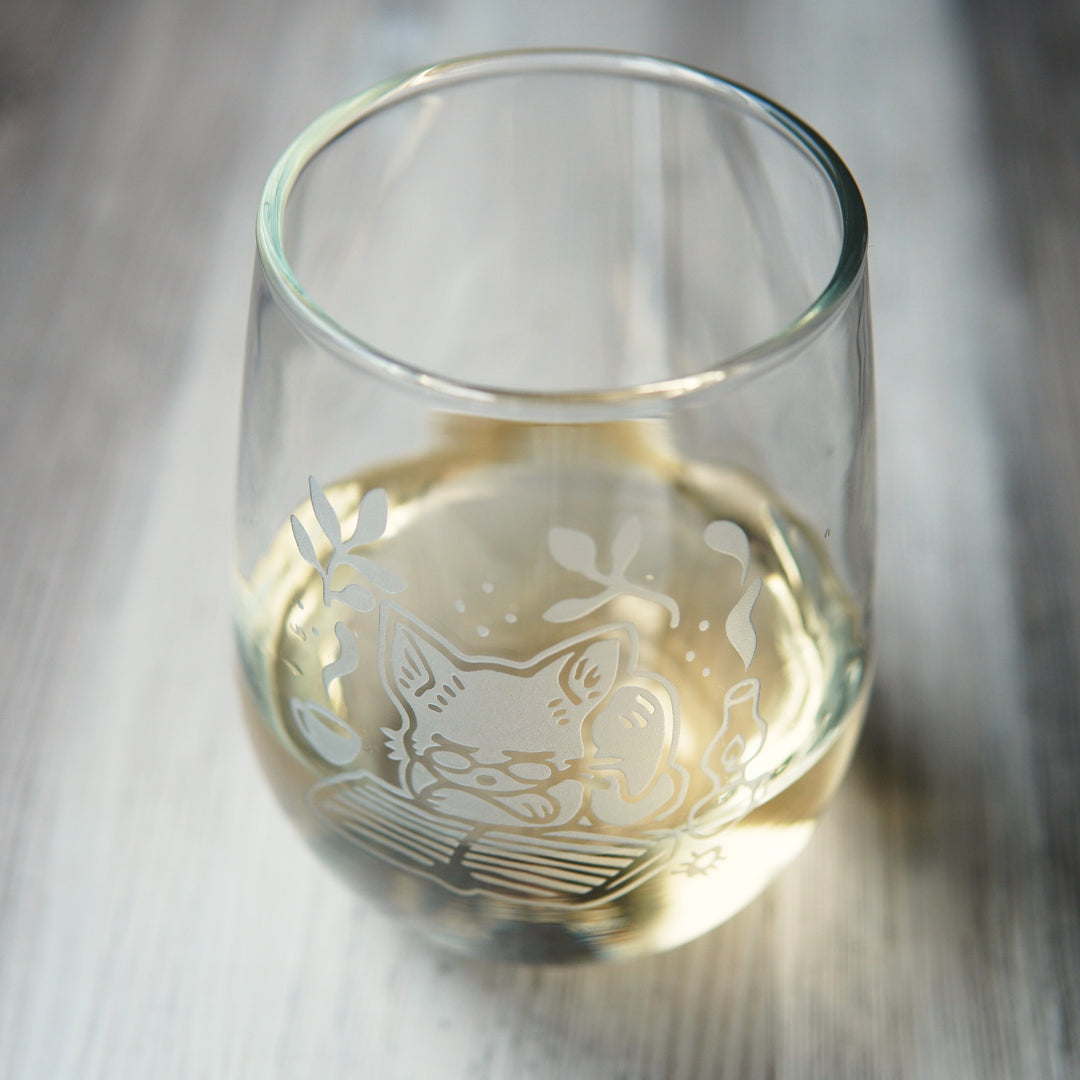 Book Cat Stemless Wine Glass - cozy etched glassware