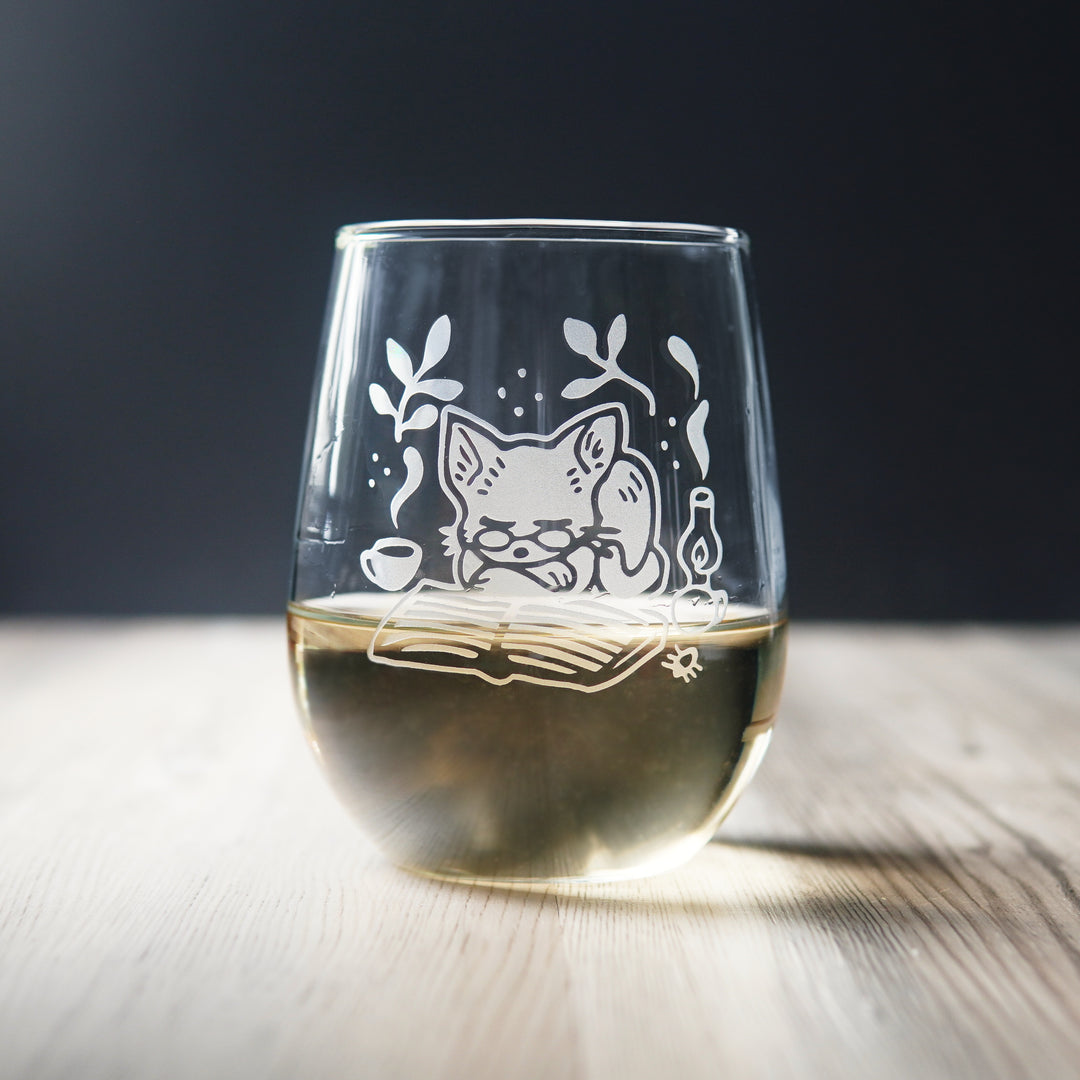 Book Cat Stemless Wine Glass - cozy etched glassware