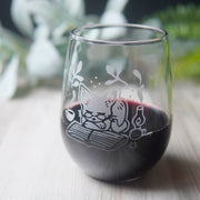 Book Cat Stemless Wine Glass - cozy etched glassware