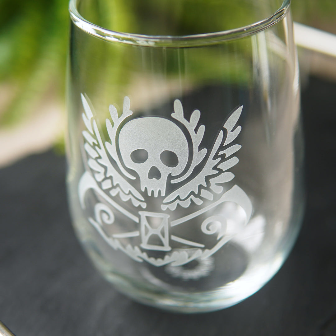 Death Skull Stemless Wine Glass - etched glassware