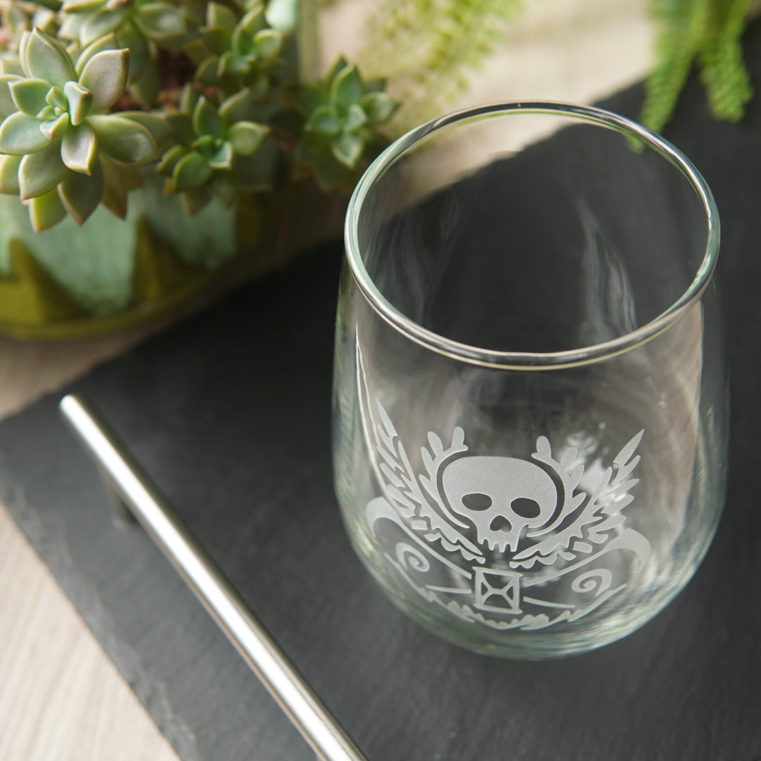 Death Skull Stemless Wine Glass - etched glassware