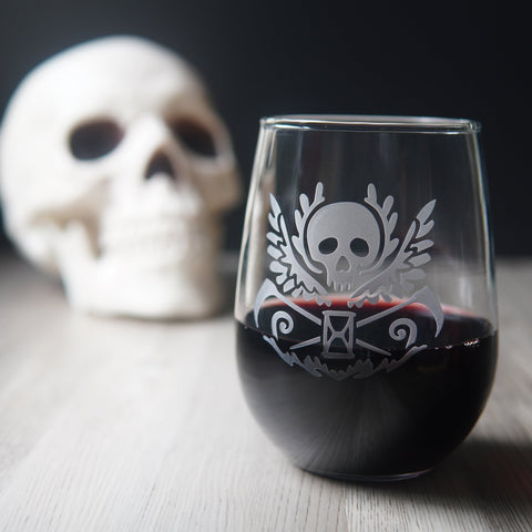 Death Skull Stemless Wine Glass - etched glassware