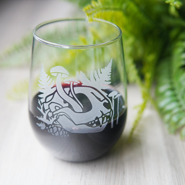 decaying cat skull stemless wine glass