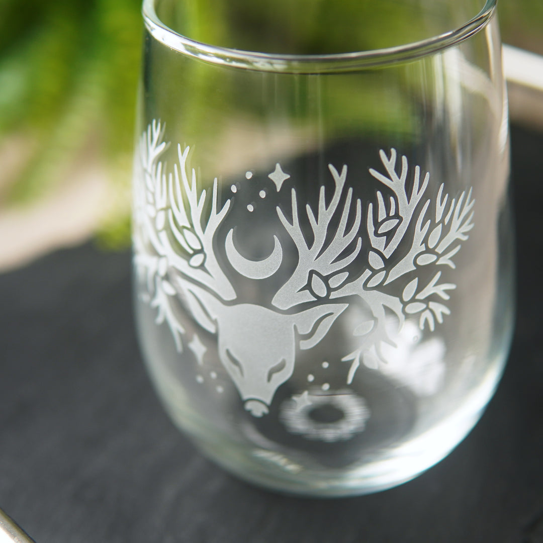 Deer Tree Stemless Wine Glass - etched glassware