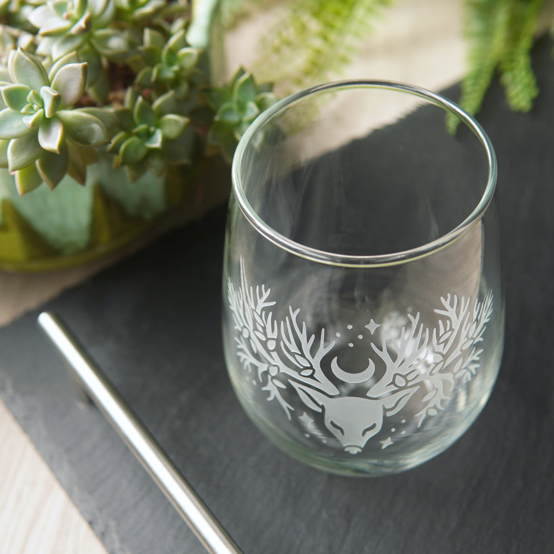 Deer Tree Stemless Wine Glass - etched glassware