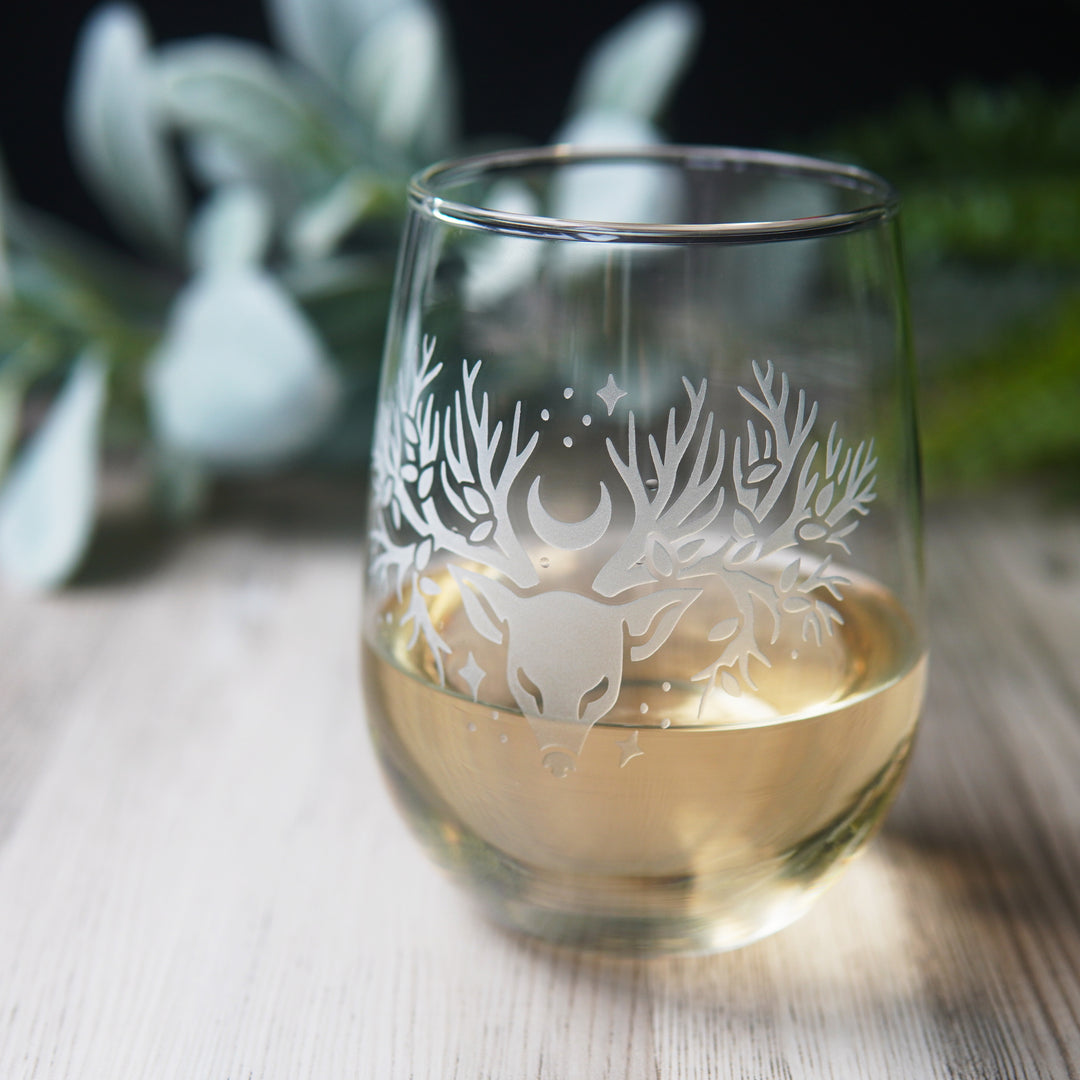 Deer Tree Stemless Wine Glass - etched glassware