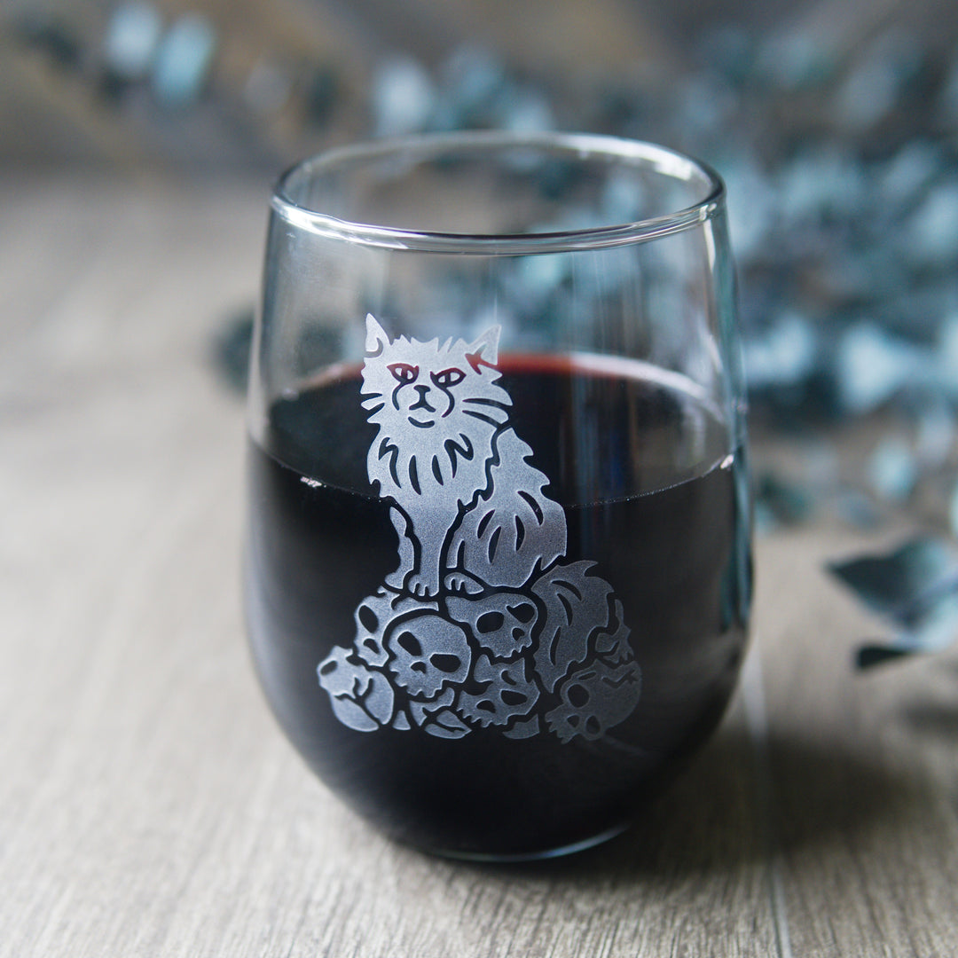 Dungeon Cat Stemless Wine Glass - etched glassware