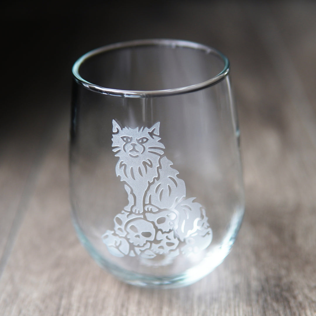 Dungeon Cat Stemless Wine Glass - etched glassware