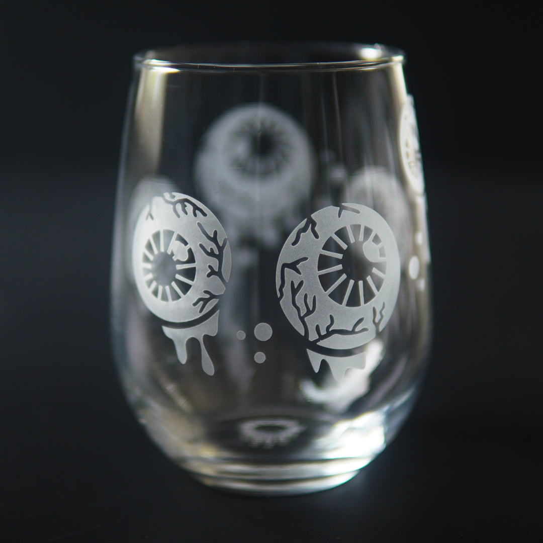 Eyeball Stemless Wine Glass - etched gory horror glassware