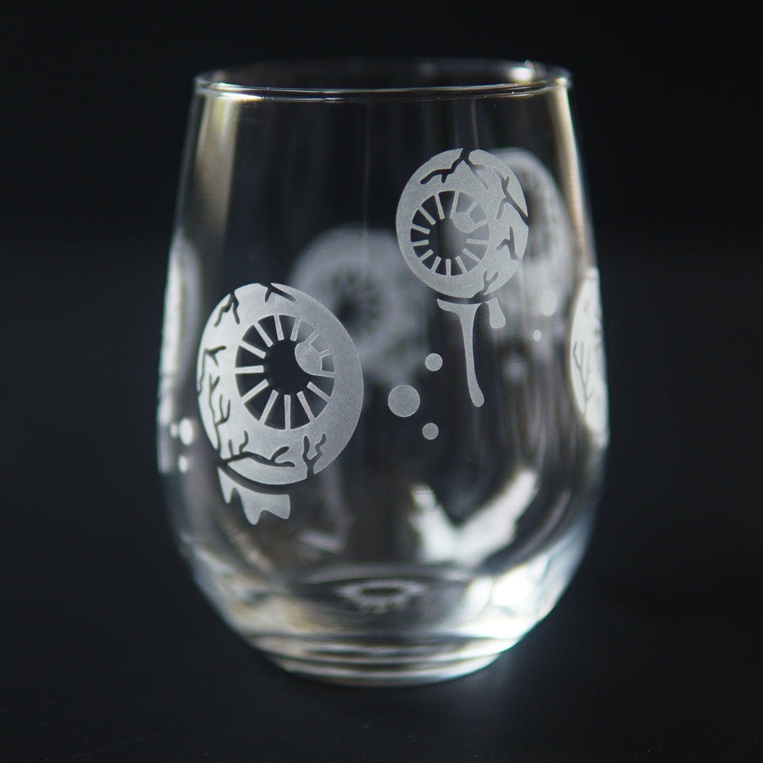 Eyeball Stemless Wine Glass - etched gory horror glassware