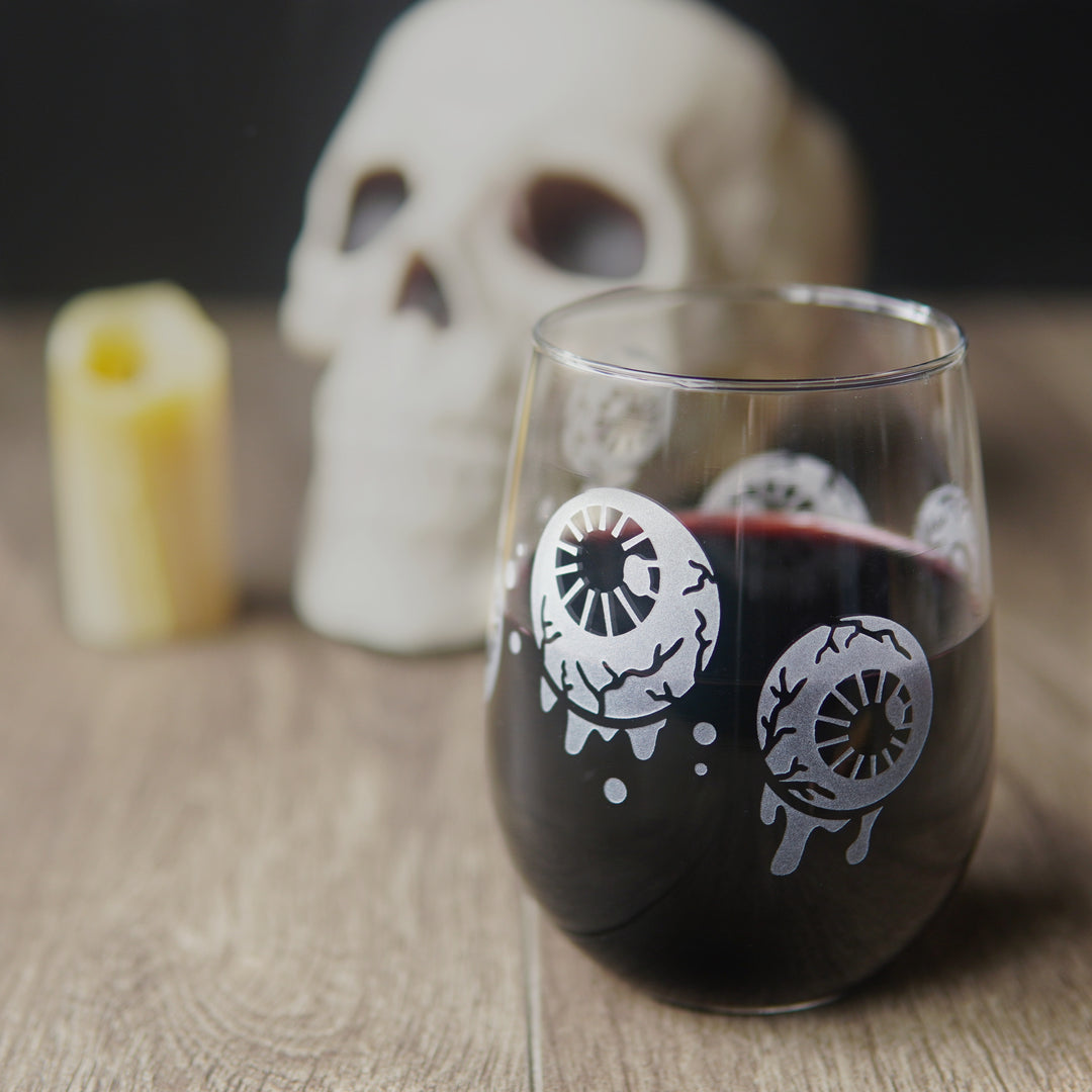 Eyeball Stemless Wine Glass - etched gory horror glassware