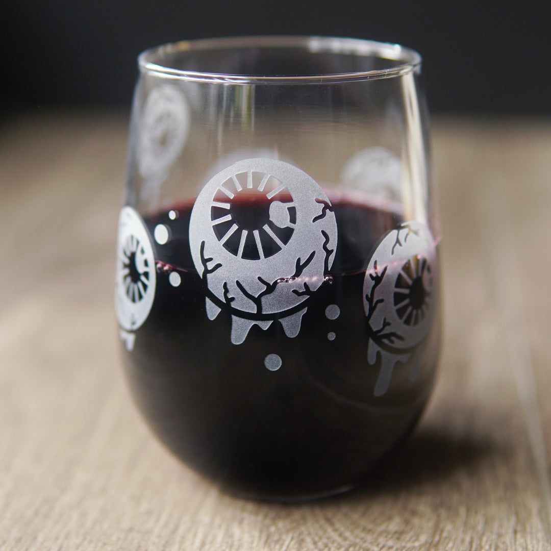 Eyeball Stemless Wine Glass - etched gory horror glassware