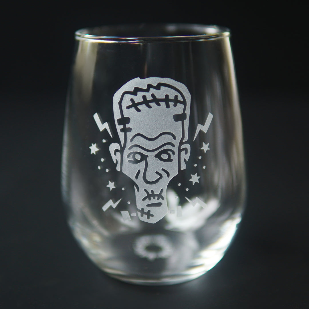 Frankenstein Stemless Wine Glass - etched horror monster glassware