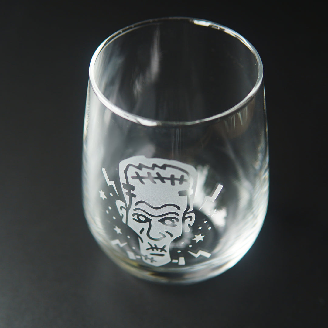 Frankenstein Stemless Wine Glass - etched horror monster glassware