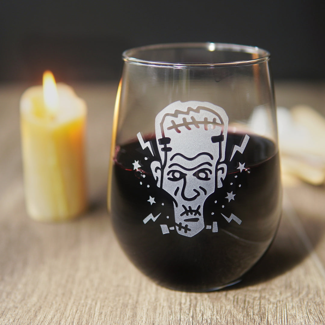 Frankenstein Stemless Wine Glass - etched horror monster glassware