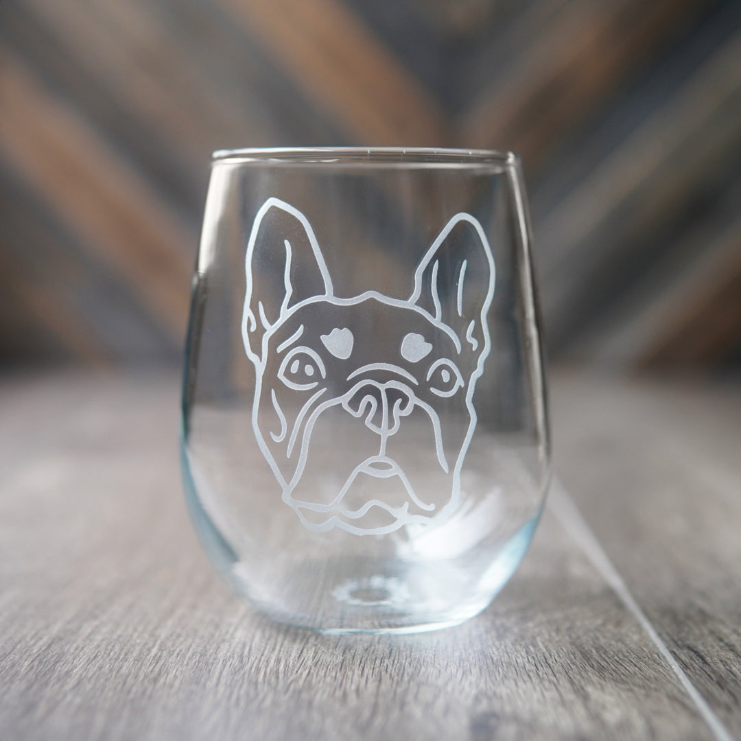 French Bulldog Stemless Wine Glass - etched glassware