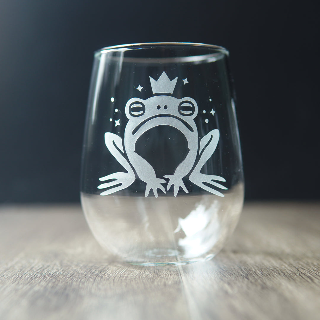 Frog Prince Stemless Wine Glass - etched glassware