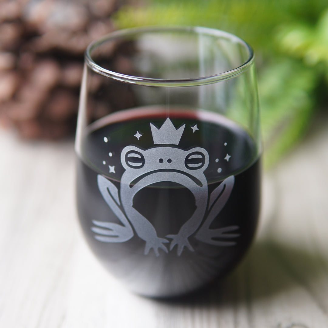 Frog Prince Stemless Wine Glass - etched glassware