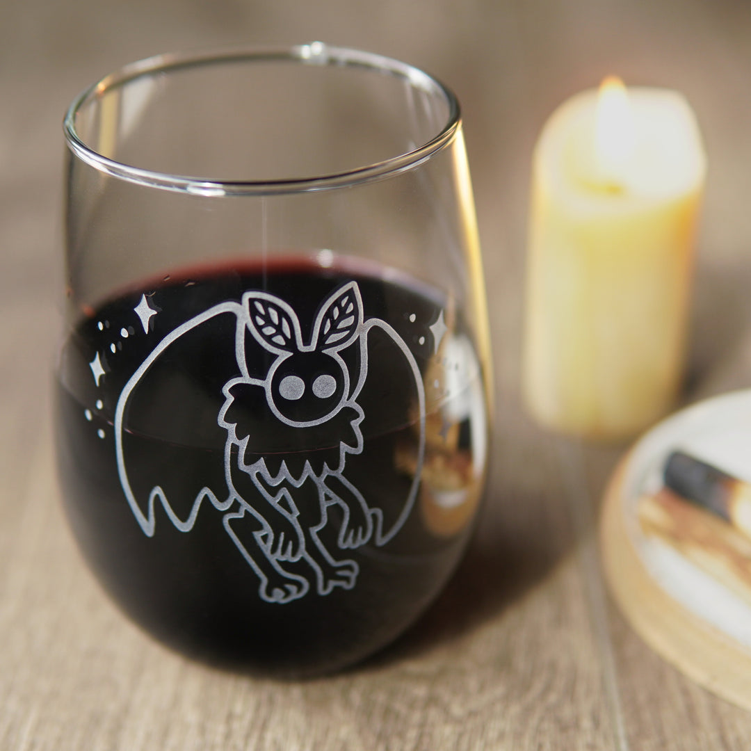 Mothman Stemless Wine Glass - etched cryptid glassware