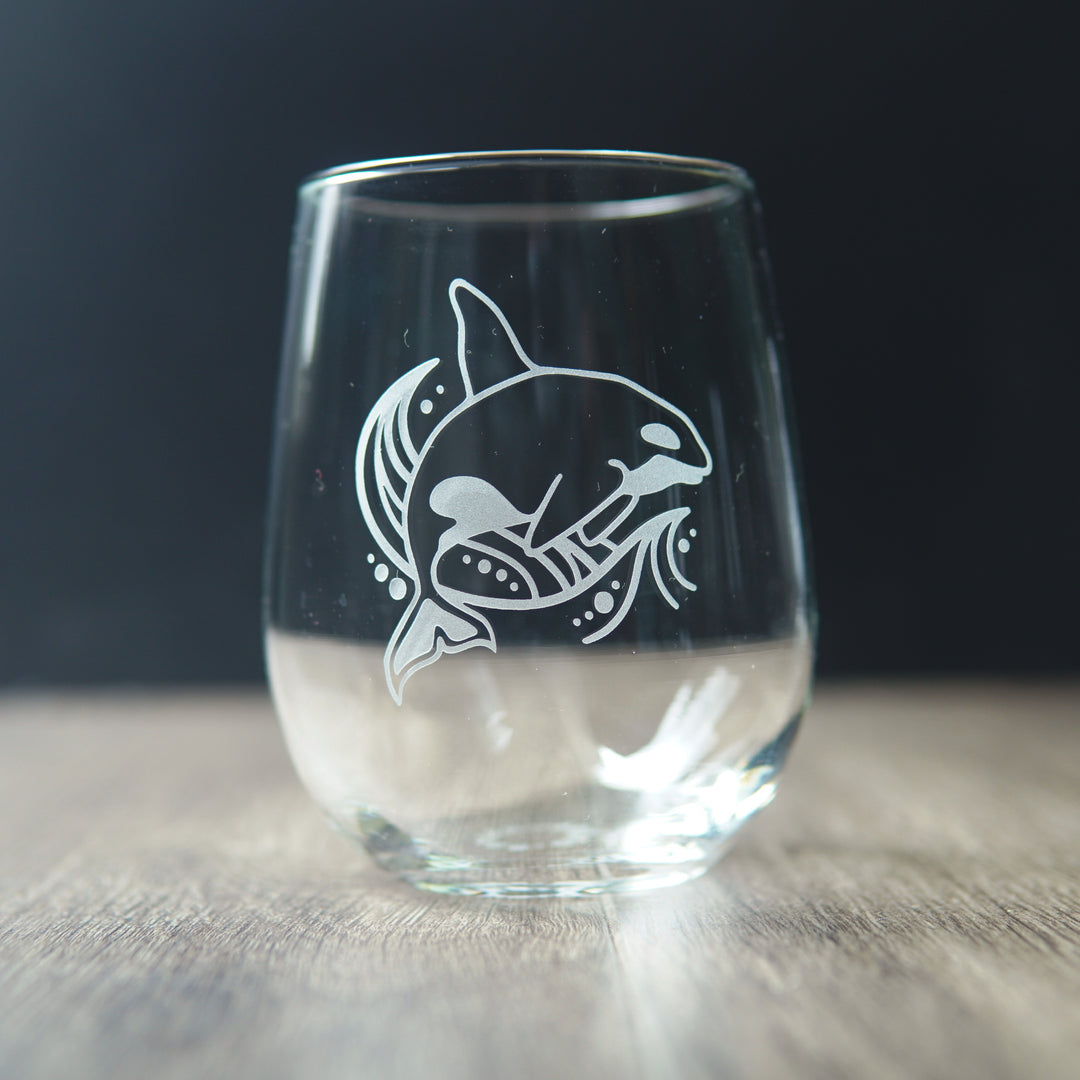 Orca Whale Stemless Wine Glass - etched glassware