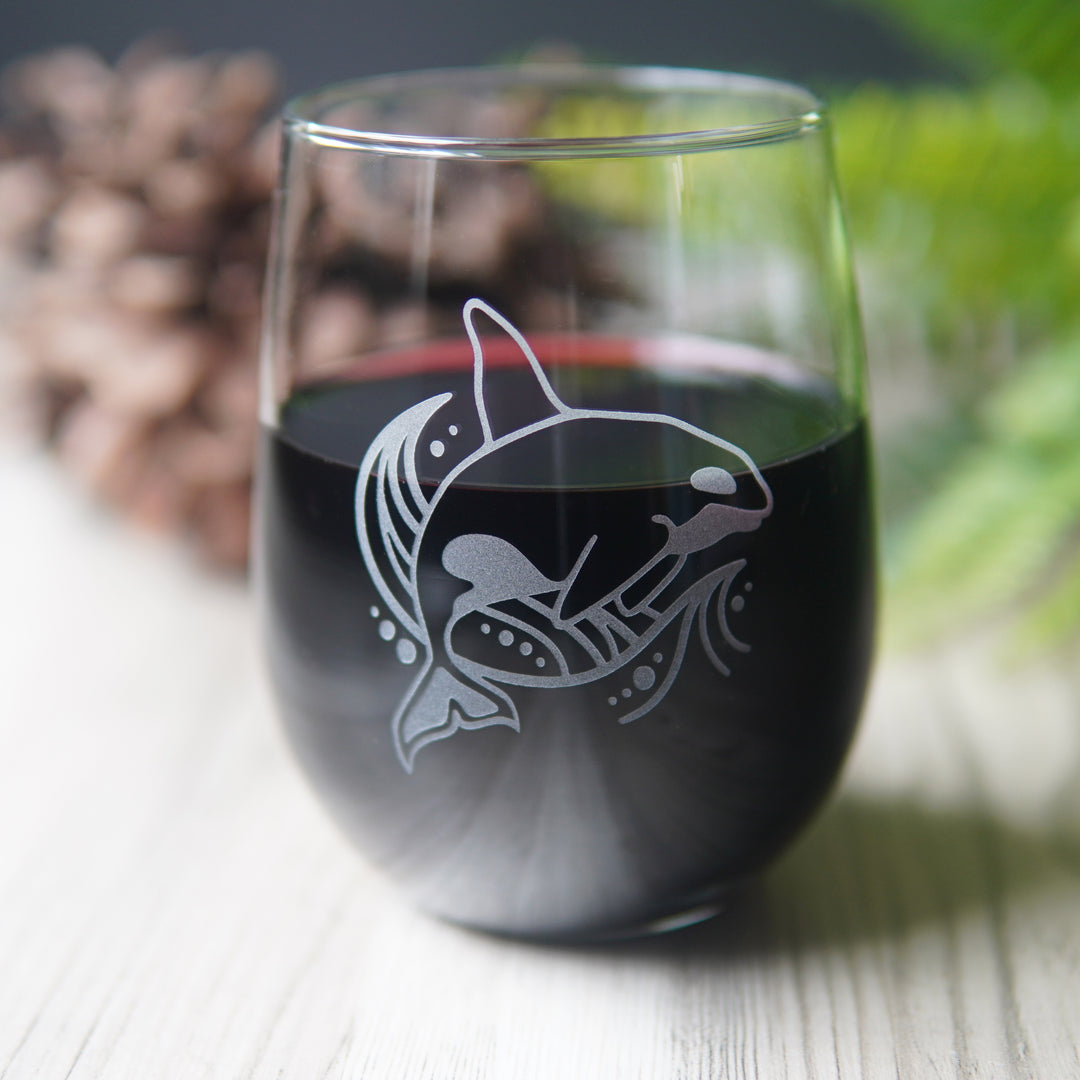 Orca Whale Stemless Wine Glass - etched glassware