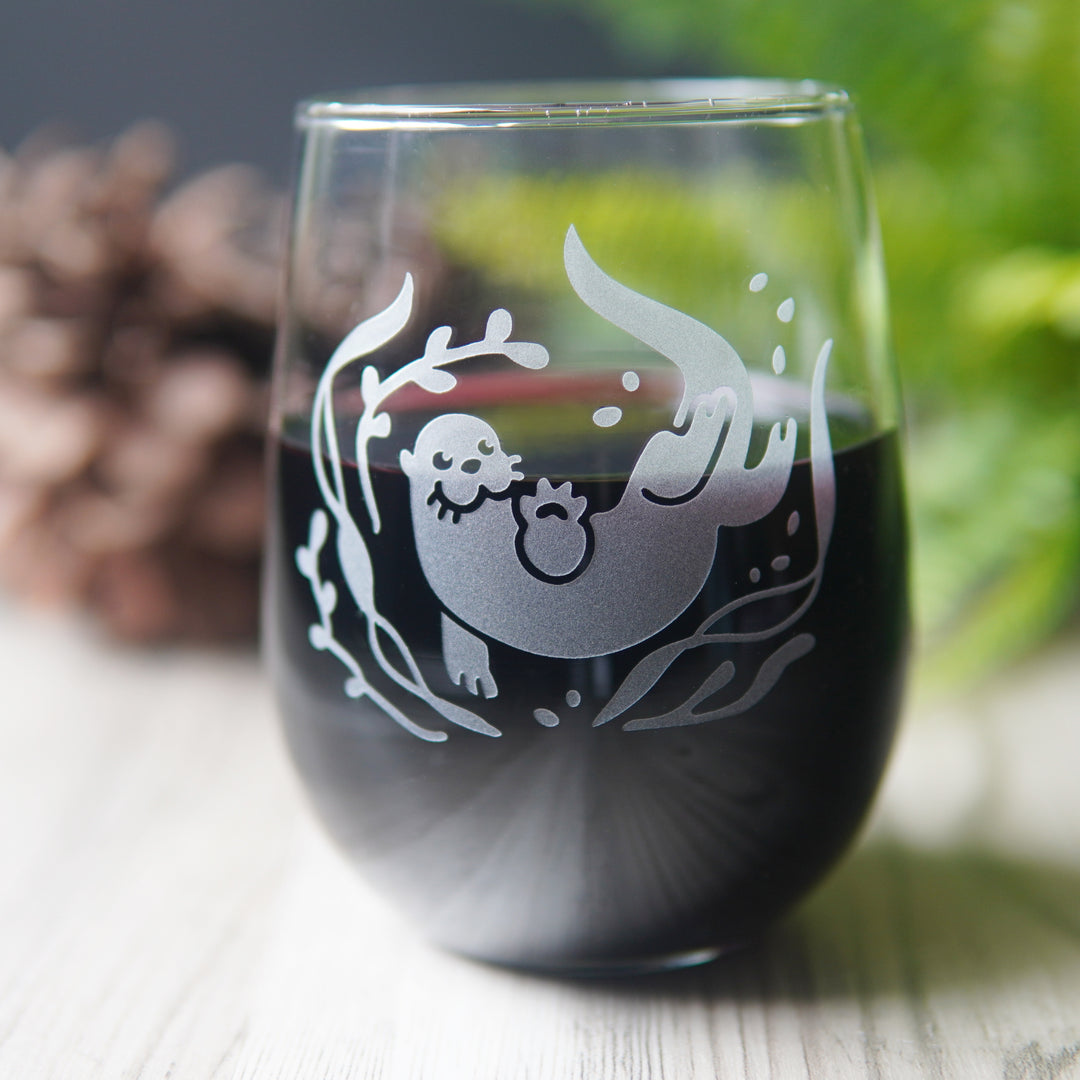 Otter Stemless Wine Glass - etched glassware