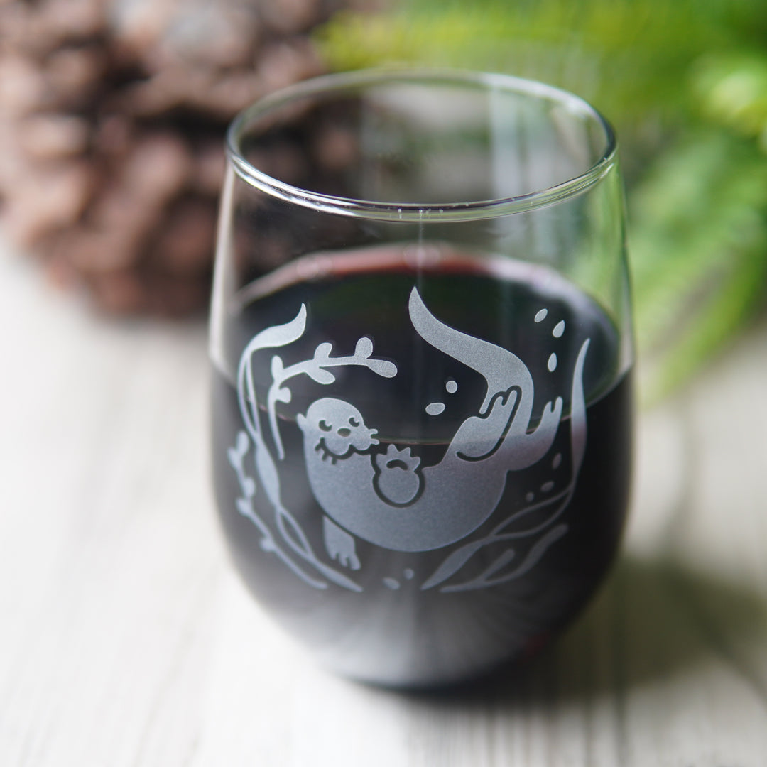 Otter Stemless Wine Glass - etched glassware