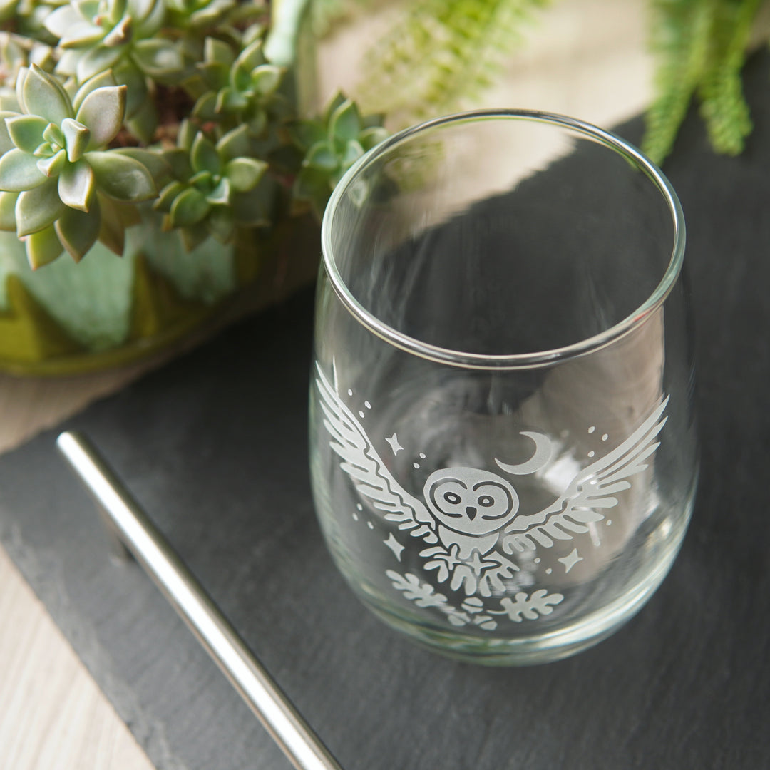 Owl + Oak Stemless Wine Glass - etched glassware