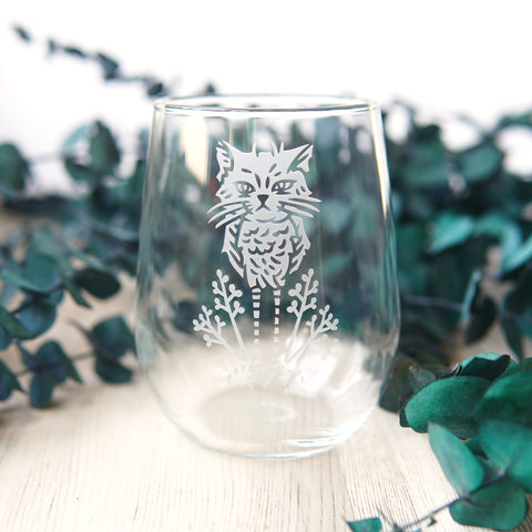 Owl Cat etched stemless wine glass