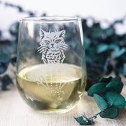 Owl Cat engraved stemless white wine glass