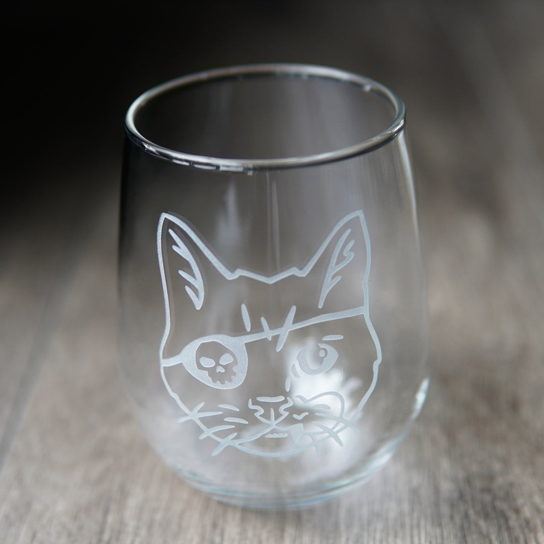 Pirate Snaggletooth Cat Stemless Wine Glass - etched glassware