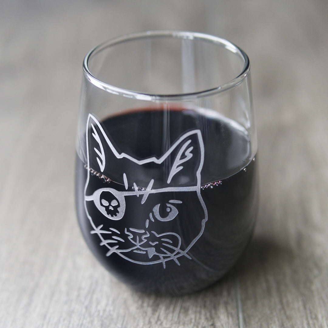 Pirate Snaggletooth Cat Stemless Wine Glass - etched glassware