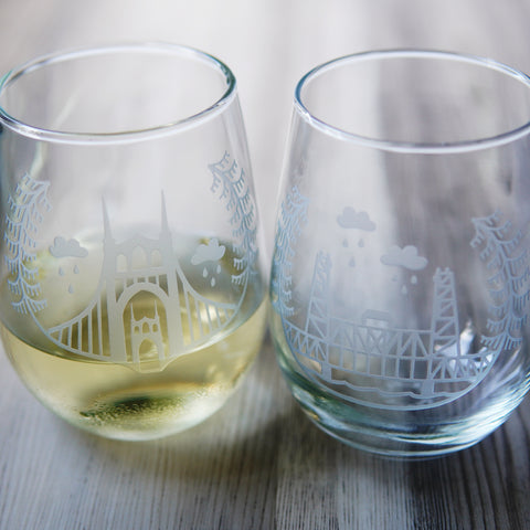 Portland Bridges etched stemless wine glasses