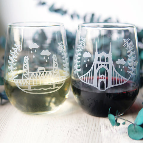 Portland Bridges engraved stemless wine glasses
