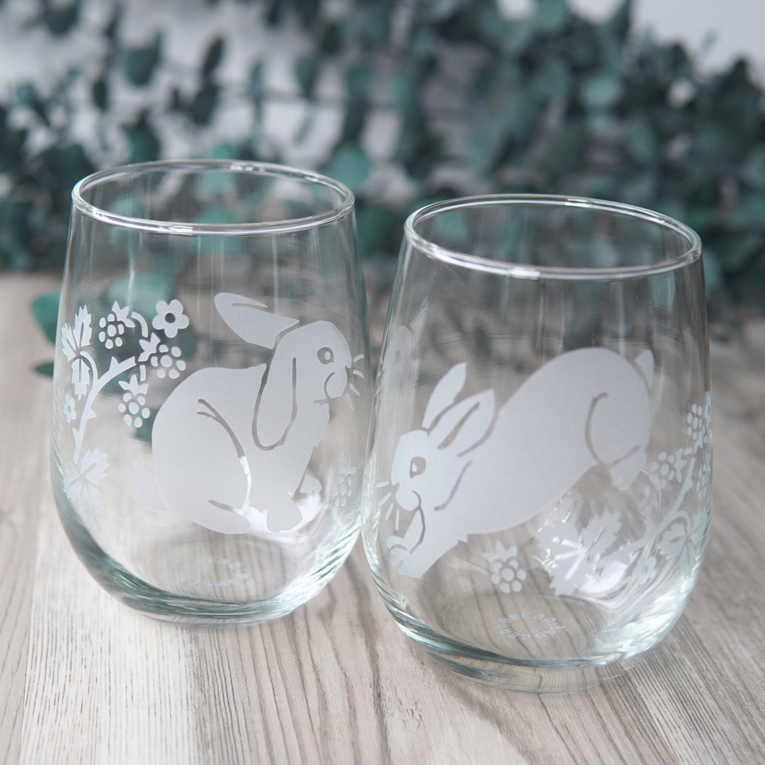 Rabbits Stemless Wine Glass - etched glassware