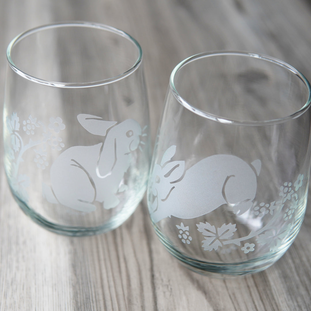 rabbit etched stemless wine glasses