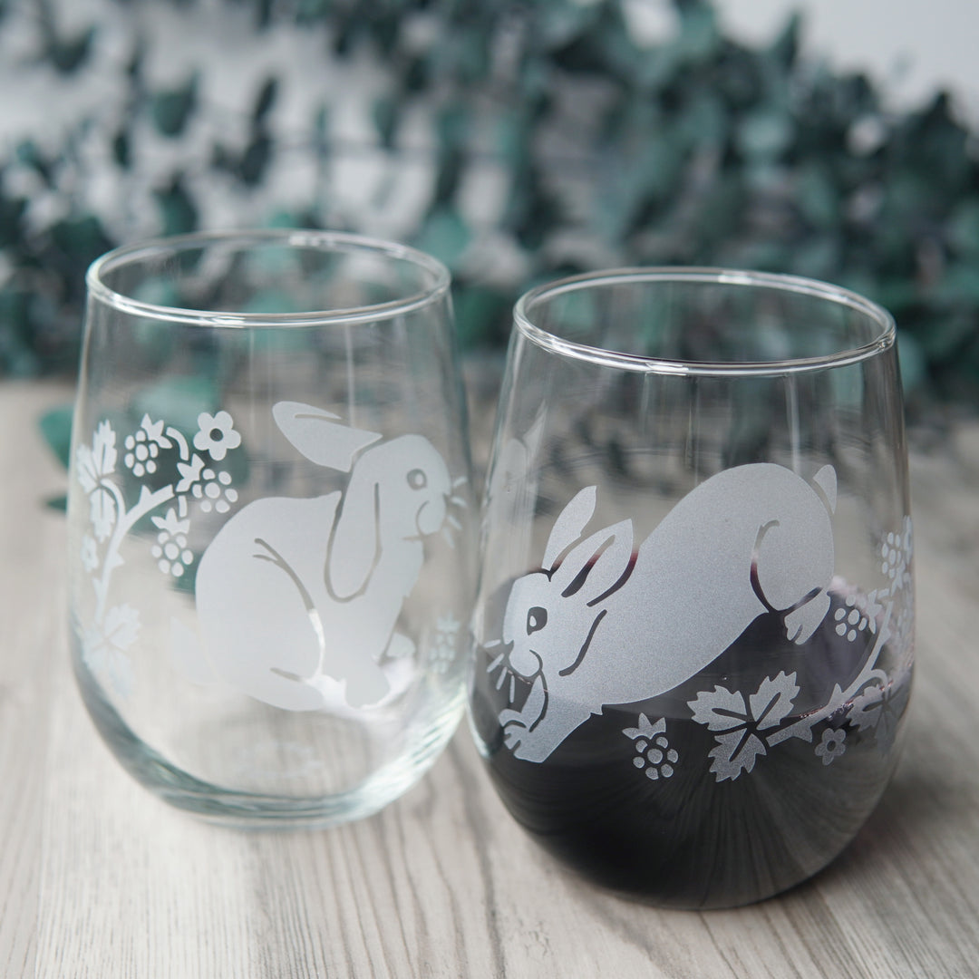 Rabbits Stemless Wine Glass - etched glassware