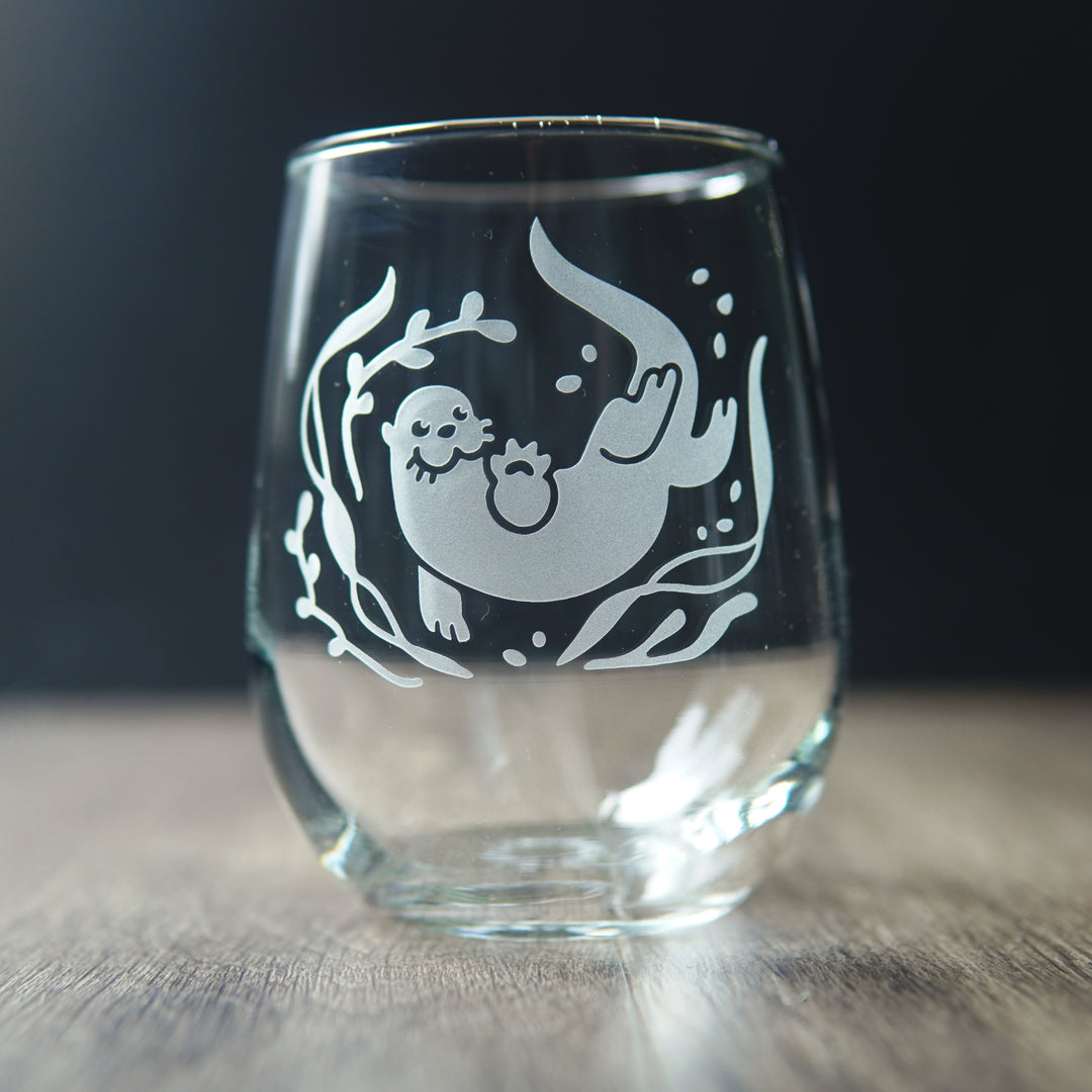 Otter Stemless Wine Glass - etched glassware