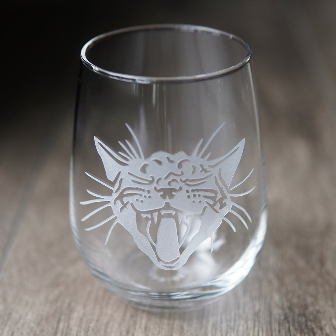 Screaming Cat Stemless Wine Glass - etched glassware
