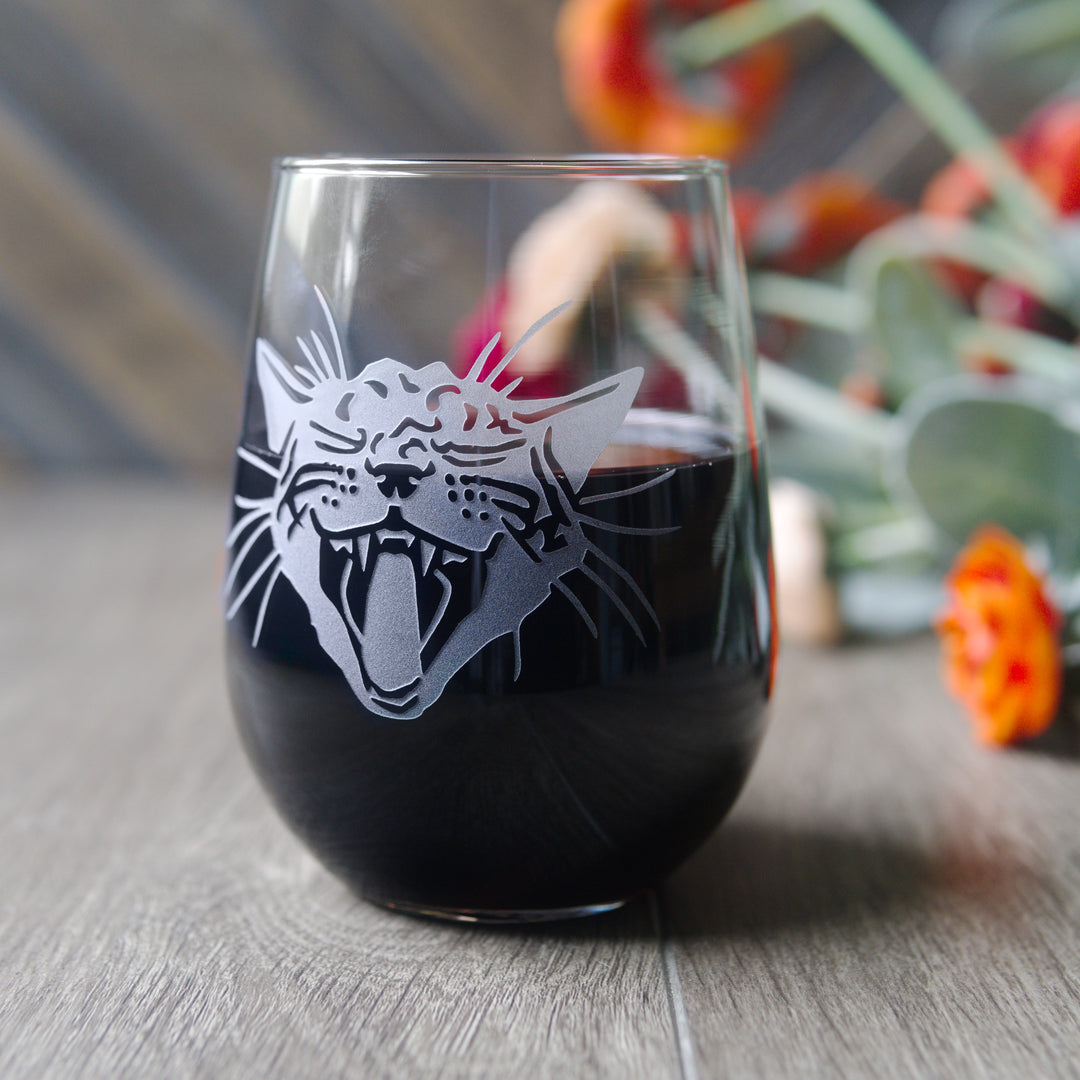 Screaming Cat Stemless Wine Glass - etched glassware