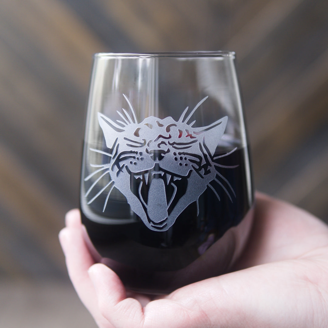 Screaming Cat Stemless Wine Glass - etched glassware