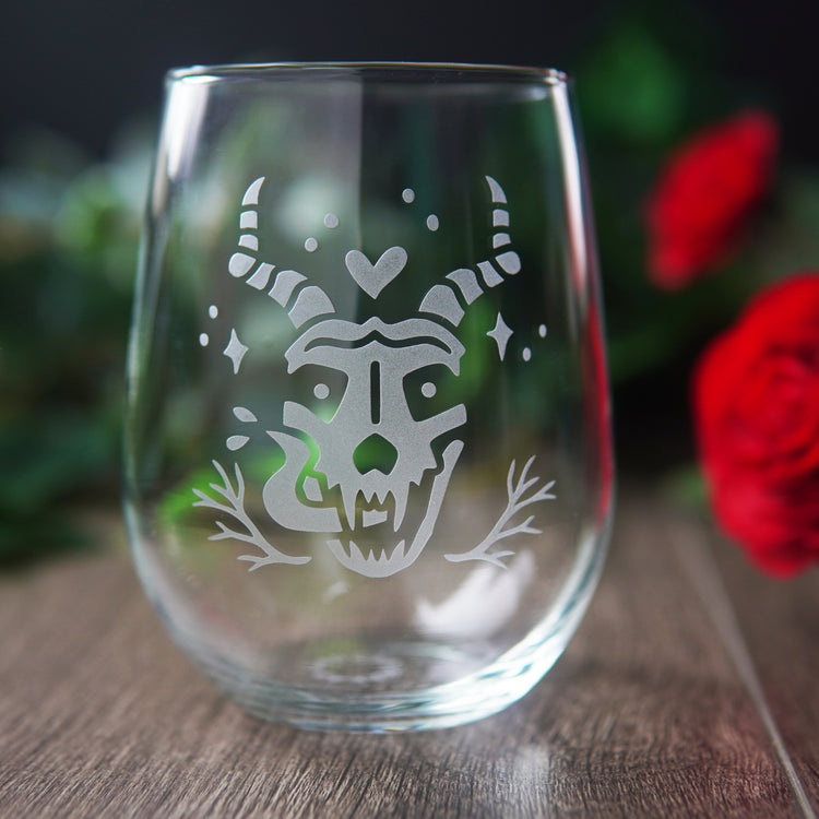 skull with tongue stemless wine glass